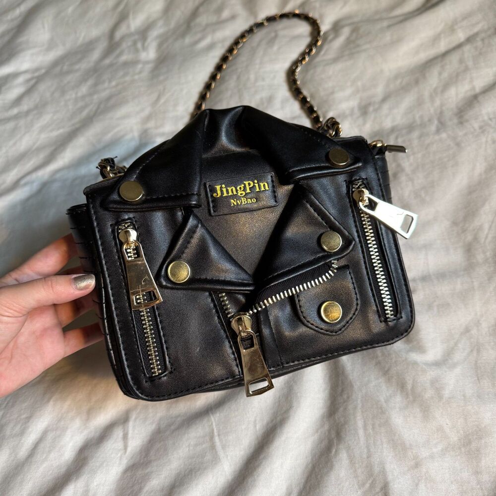 Black Moto Jacket Biker Crossbody Bag Chain Strap Y2K